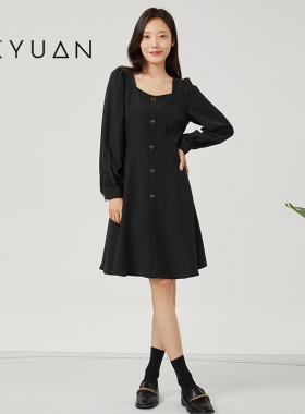 金苑连衣裙女春季新款简约时尚黑色气质显瘦长袖裙子G221110