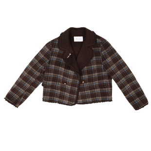 金苑大翻领咖色外套女冬短款宽松羊毛夹克格纹复古上衣D235106
