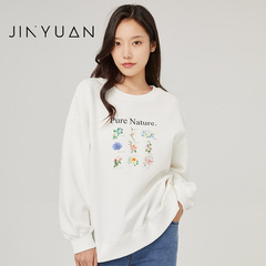 金苑圆领卫衣女春季新款时尚宽松休闲印花白色上衣女F221111
