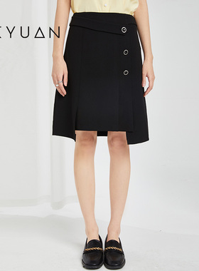 金苑黑色裙子夏季新款不规则纽扣时尚简约气质半身裙B222118