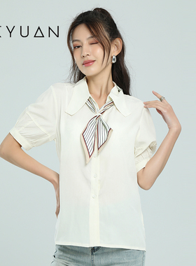 金苑夏季新款灯笼袖短袖气质翻领衬领带衫衬衣通勤A232121