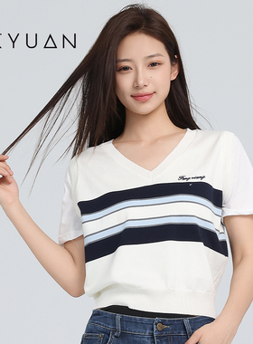 金苑2025夏季新款时尚甜美V领条纹拼接针织上衣女洋气小衫H252105