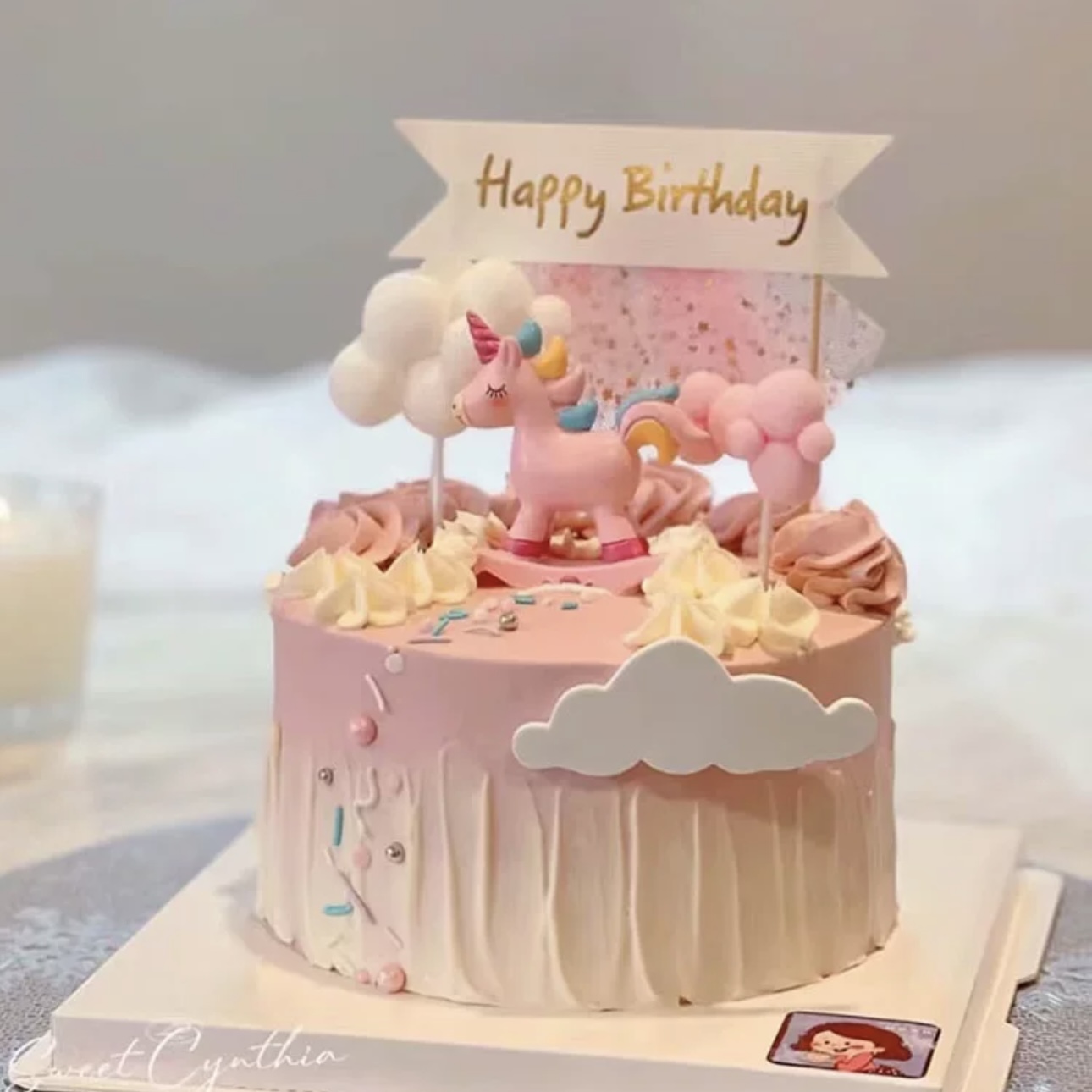 树脂独角兽摇马蛋糕装饰塑料粉色摇马蓝色摇马流苏拉旗烘焙台装饰