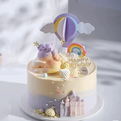 梦幻小仙女独角兽蛋糕装饰摆件儿童玩偶粉色彩虹气球烘焙插件装扮
