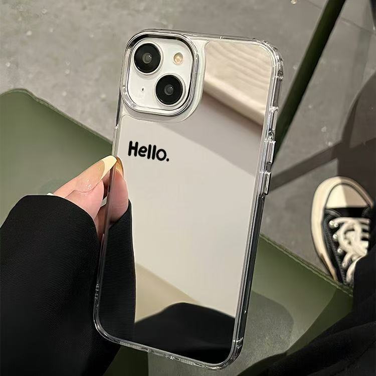 ins极简风Hello镜面适用苹果14手机壳iPhone16promax新款15pro潮12个性13防摔