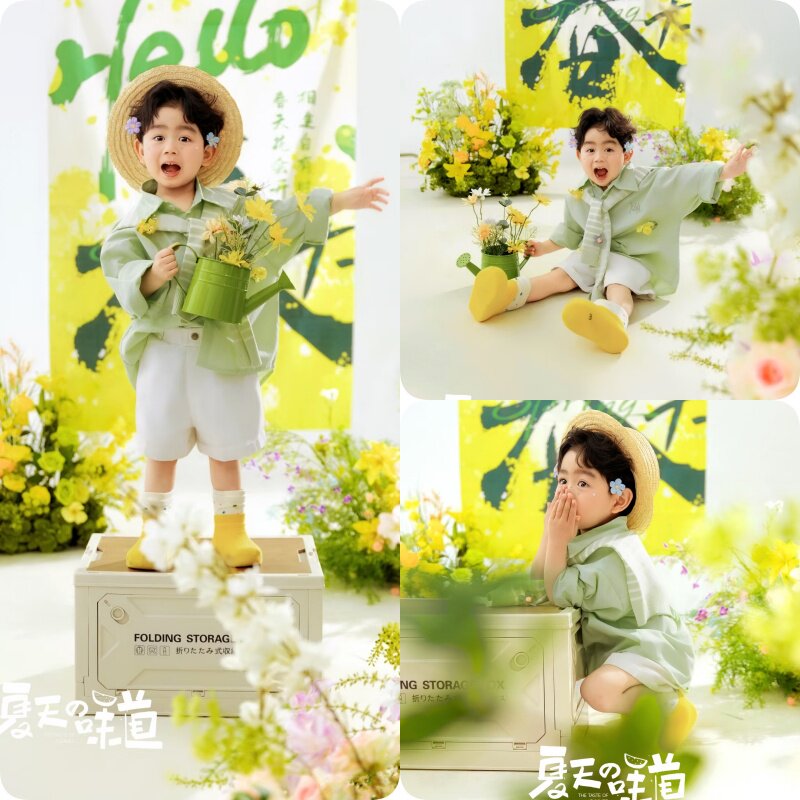 儿童摄影新款绿色小清新男孩生日拍照服装道具影楼户外露营主题服