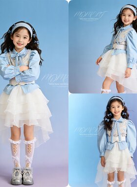 新款儿童摄影服装女孩中大童影楼拍照主题服饰蓝色小清新拖尾纱裙