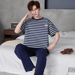 短袖长裤大童高级感条纹纯棉男孩青少年学生夏季男款2026新款睡衣