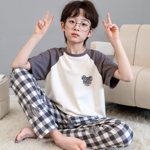 男童睡衣男孩夏季新款纯棉大童短袖长裤男生青少年初中生半袖2026