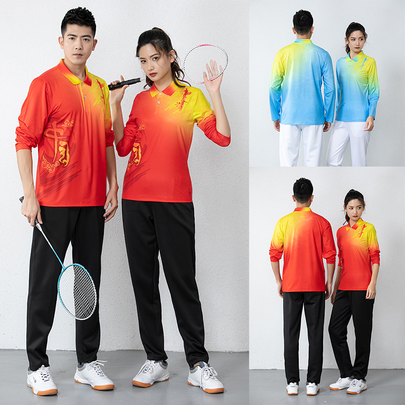 翻领羽毛球服套装长袖男女上衣红蓝色polo衫速干乒乓球运动服定制