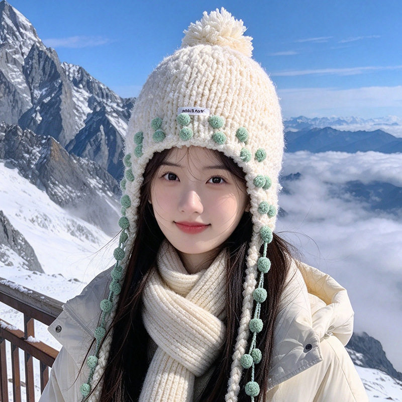 毛线帽子女新款流苏毛球帽冬季保暖甜美百搭显脸小针织帽子套头帽