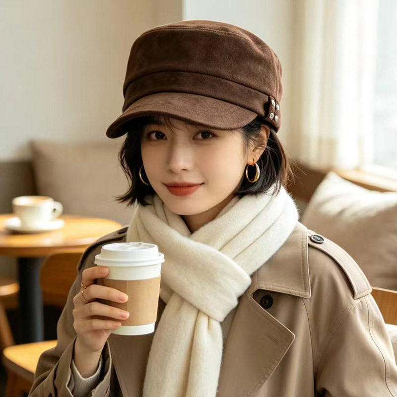 美拉德咖色麂皮绒海军帽子女秋冬铆钉皮带扣平顶鸭舌马术帽八角帽