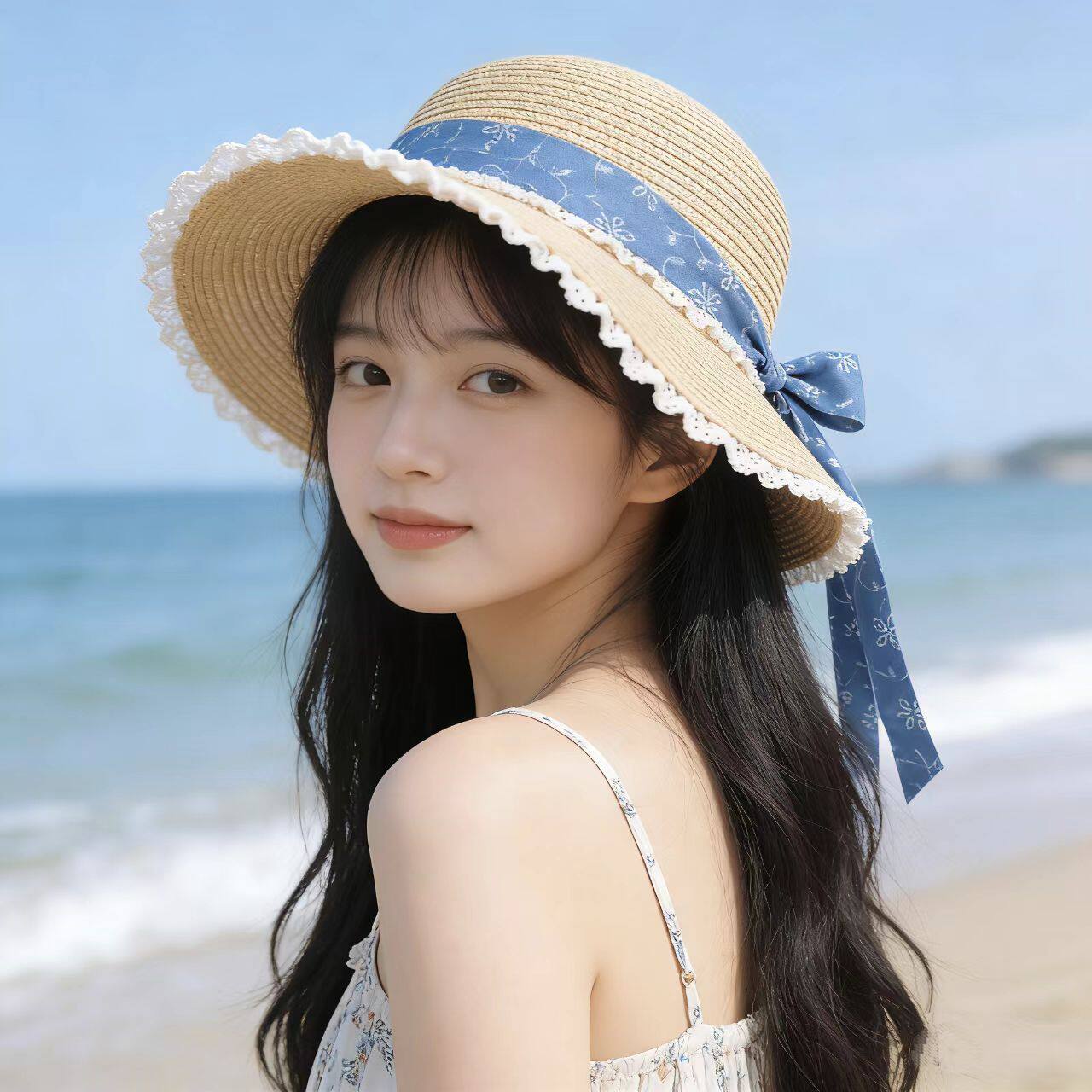 法式圆顶蝴蝶结花朵草帽女春夏天海边沙滩出游草编毛边遮阳帽子潮