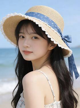 法式圆顶蝴蝶结花朵草帽女春夏天海边沙滩出游草编毛边遮阳帽子潮