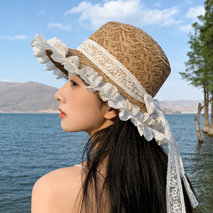 夏季草帽女蕾丝百搭遮阳帽海边度假防晒沙滩帽飘带法式平顶太阳帽