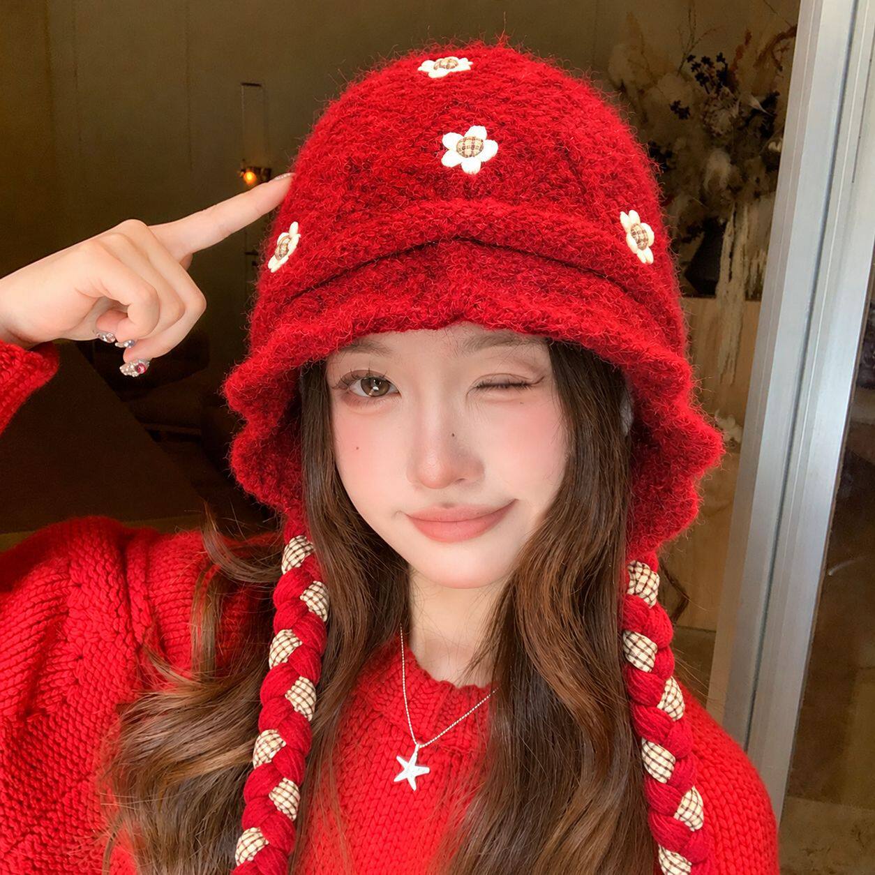 甜美花朵针织雷锋帽女秋冬季韩系氛围感毛线帽百搭显脸小套头冷帽