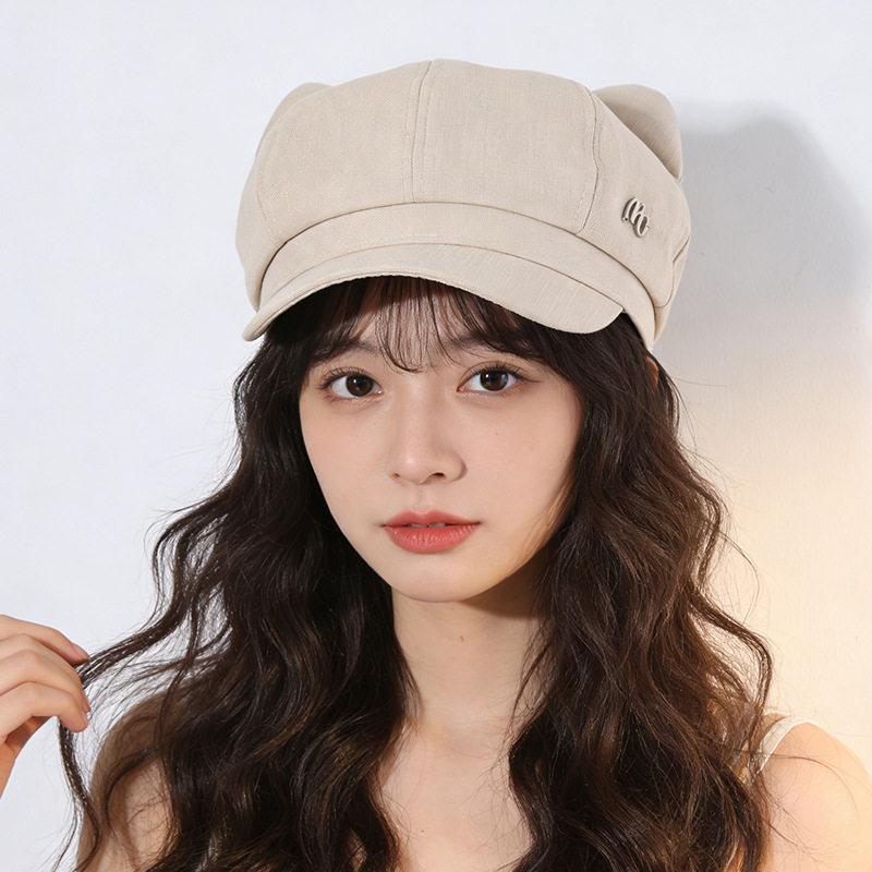 2026新款可爱猫耳灰色八角帽子女秋冬季百搭显脸小报童帽贝雷帽潮