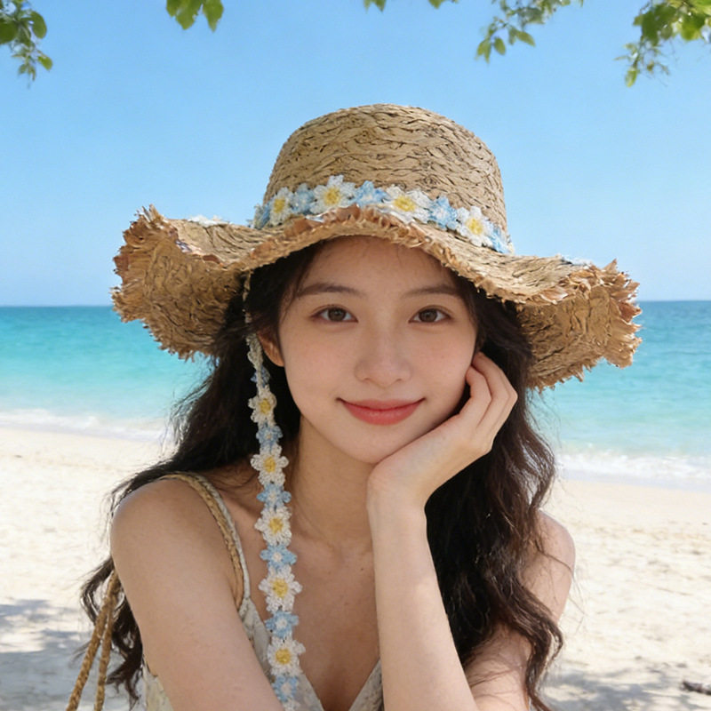 花环草帽草编遮阳帽春夏季拍照大帽檐草帽女百搭简约遮阳防晒帽子