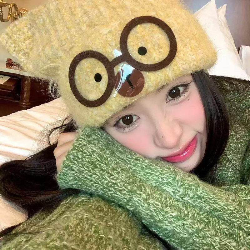 可爱卡通眼镜猫咪针织帽冬款加厚保暖毛线套头帽时尚百搭帽子女