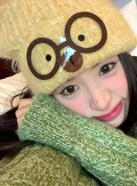 可爱卡通眼镜猫咪针织帽冬款加厚保暖毛线套头帽时尚百搭帽子女