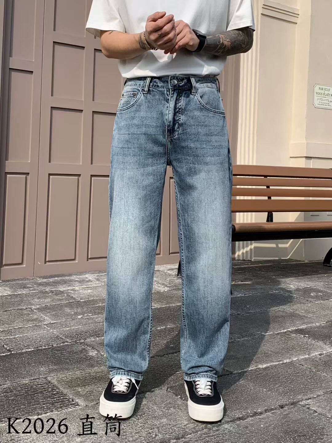 K2026男装小直筒浅蓝色牛仔裤男士夏季水洗大码宽松潮流浅色长裤