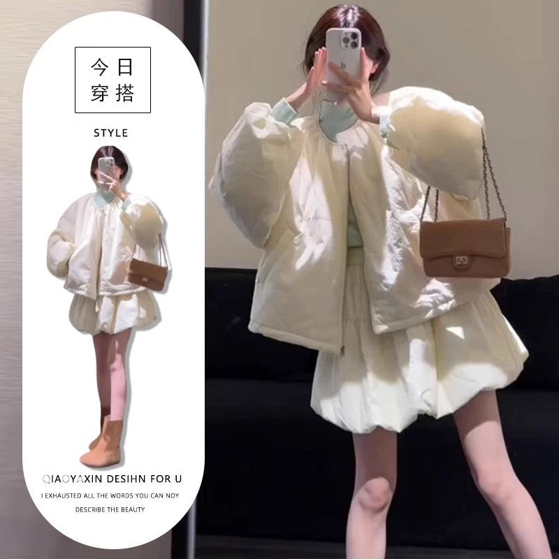 新品甜妹风三件套穿搭2025秋冬高腰显腿长花苞裙修身打底衫外套潮