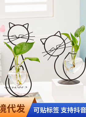 简约猫咪铁艺花器水培插花花瓶创意家居客厅餐厅桌装饰创意摆件