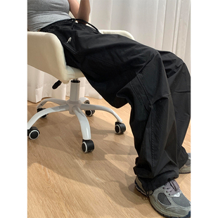 春秋新款美式黑色阔腿裤又a又飒工装裤女大码胖mm宽松休闲运动裤