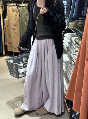 紫色棉麻阔腿裙裤子女款春新款大码胖mm宽松慵懒风亚麻休闲长裤裙