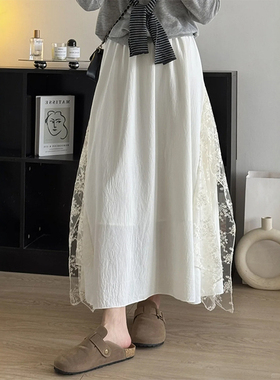 白色蕾丝半身裙春秋女大码胖mm显瘦设计感拼接a字长裙伯克利半裙