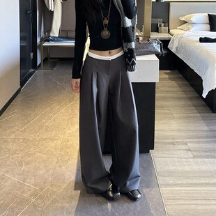 胖mm2026春季 新款 女装 西装 流行款 高级感垂感灰色阔腿休闲裤 大码 裤