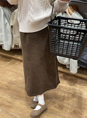 超好看冬裙美拉德灯芯绒棕色直筒开叉半身长裙大码梨形伯克利裙子