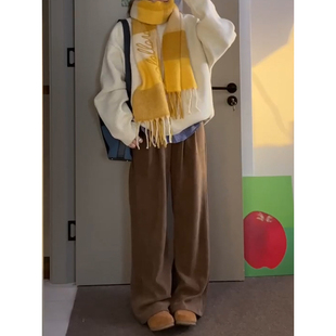 大碼 美拉德深棕色褲 子梨型身材加絨休閑褲 女冬季 胖mm燈芯絨闊腿褲