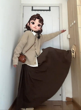 棕色伯克利裙秋季大码胖mm梨型身材显瘦长裙到脚踝宽松百褶半身裙