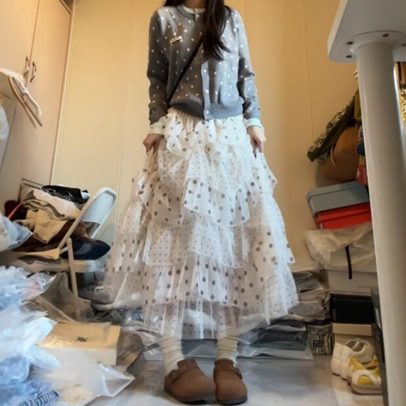 波点白色蛋糕纱裙半身裙大码胖mm女春季蓬蓬长裙梨型身材伯克利裙
