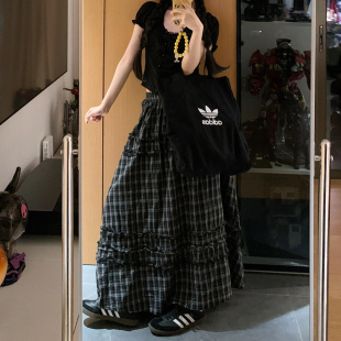 大码 花边拼接复古黑白格子半身长裙女秋季 胖mm显瘦蛋糕a字大摆裙