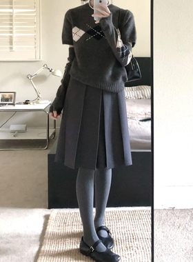 灰色百褶裙毛呢半身短裙大码女秋冬小个子中裙梨型身材伯克利裙子