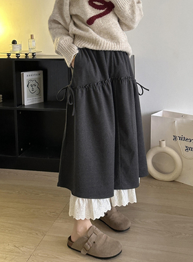 灰色蕾丝拼接糯米半身长裙大码女装小个子秋冬毛呢梨形伯克利裙子