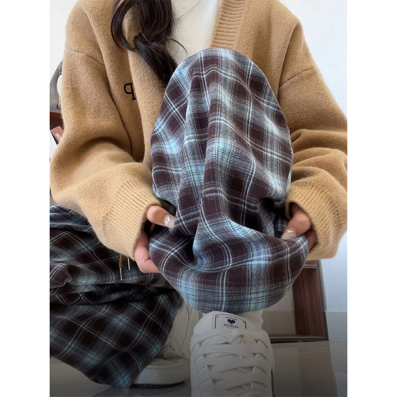 蓝色格纹休闲裤女冬季胖mm大码显瘦韩系慵懒风裤子垂感加绒阔腿裤,女装/女士精品,休闲裤,淘宝优惠券,粉丝福利购,淘宝优惠卷