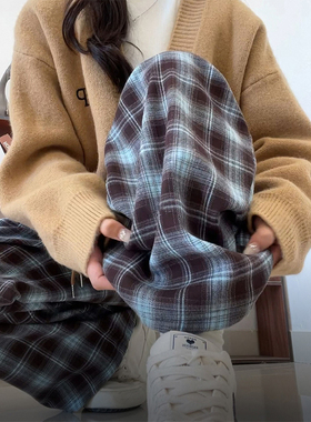 蓝色格纹休闲裤女春季胖mm大码显瘦韩系慵懒风裤子垂感加绒阔腿裤