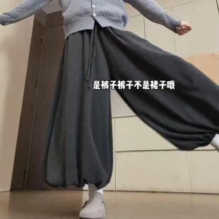 子大码 垂感慵懒灯笼休闲裤 女装 流行风格 裙 秋季 深灰色阔腿糯米裙裤