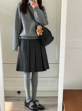 黑灰色百褶裙女秋冬大码胖mm伯克利半裙显瘦遮肚a字半身中裙