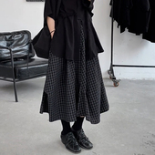 黑白格子不规则褶皱解构风半身裙女秋季 大码 胖mm设计感a字中长裙