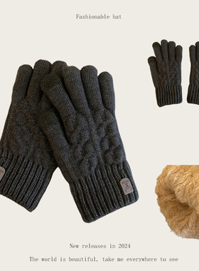 手套男加绒加厚麻花纹新款时尚保暖男户外运动鹿标骑行可触屏毛线