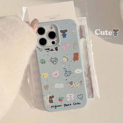 奶蓝ins可爱泼墨涂鸦小动物用17pro苹果16ProMax手机壳iPhone16全包14新款14Promax保护套15小众卡通12软11