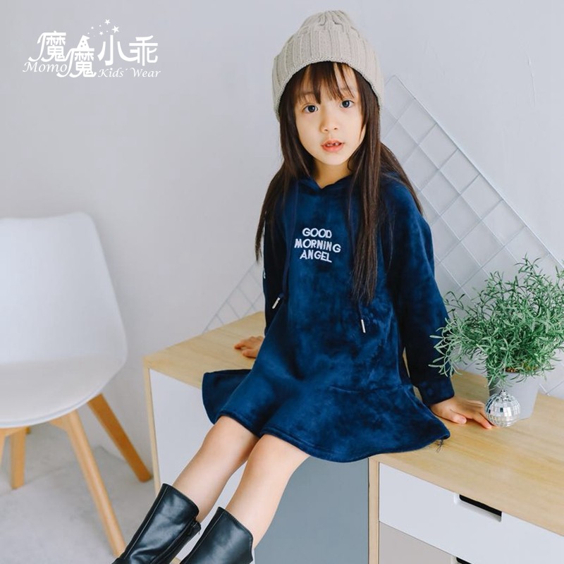 aimee艾米童装女童丝绒连衣裙连帽长袖中大童冬裙宽松学院风韩版