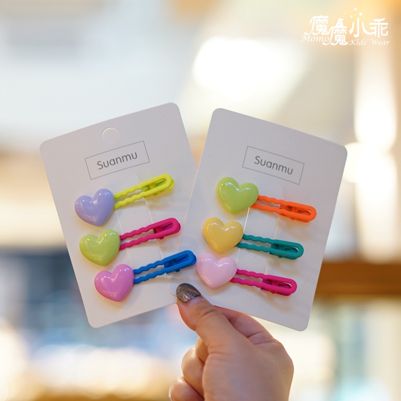 韩版荧光色系儿童皮筋发绳发圈可爱撞色爱心刘海边夹女童碎发BB夹
