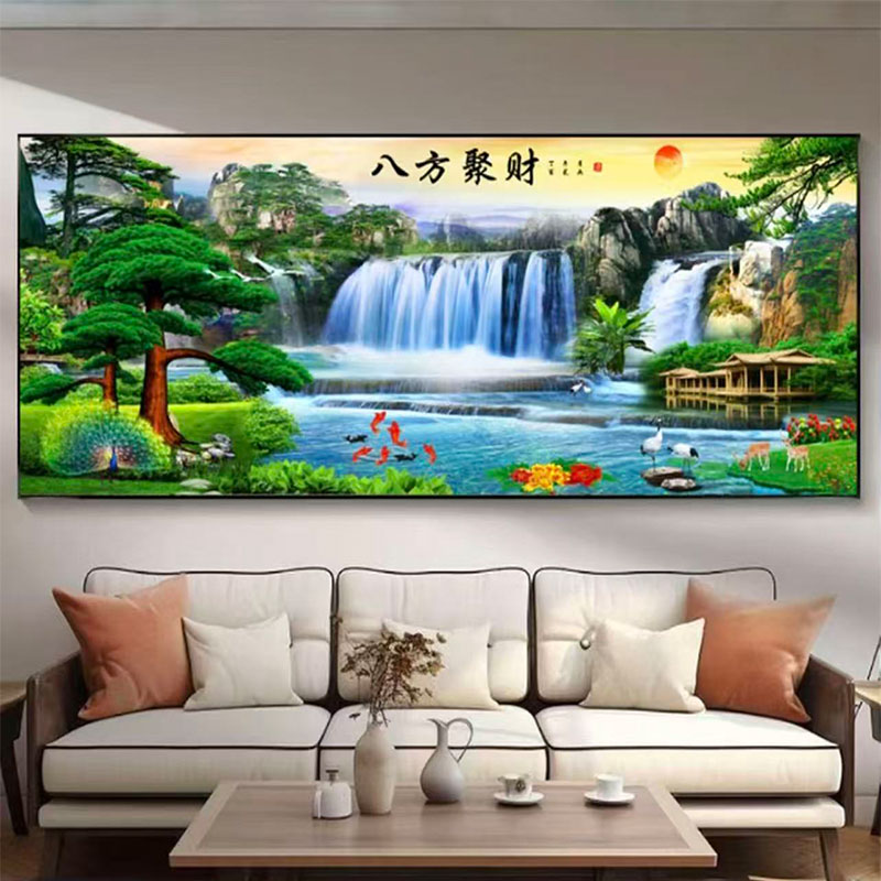 八方聚财迎客松山水画客厅沙发办公室墙壁背靠背景墙晶瓷装饰挂画