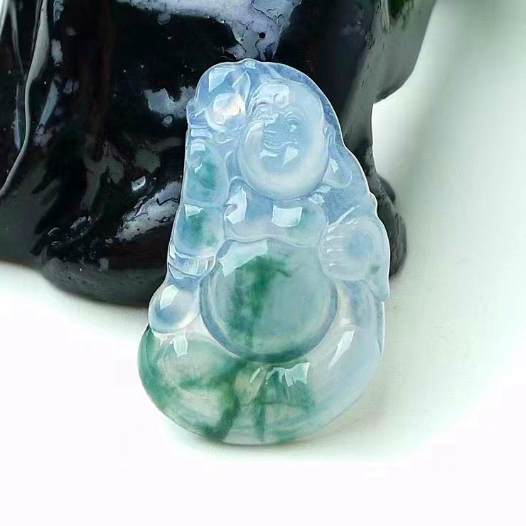 天然A货缅甸翡翠 精美水润 冰种飘花逍遥佛 笑口常开 玉质细腻 色
