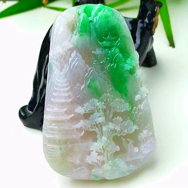 天然a货缅甸翡翠 满绿 山水画 山水有相逢